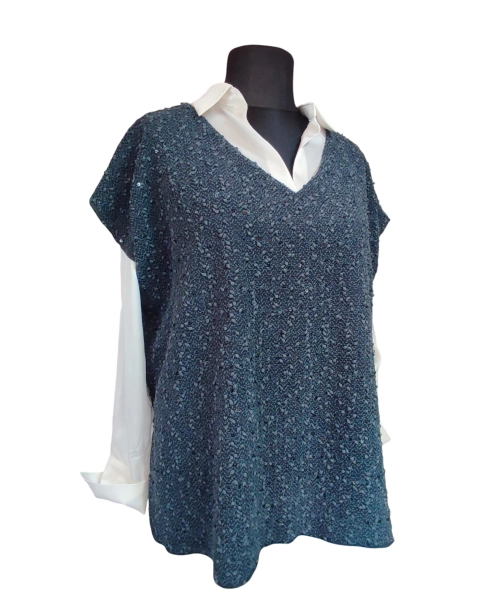 Kamizelka swetrowa damska z cekinami i pęczkami - ciemny turkus